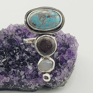 3 STONE RING TURQUOISE, BRONZITE AND MOONSTONE HANDMADE STERLING SILVER METAL 8